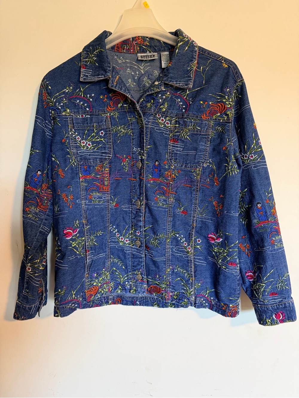 Chico's Navy Embroidered Floral Denim Jacket